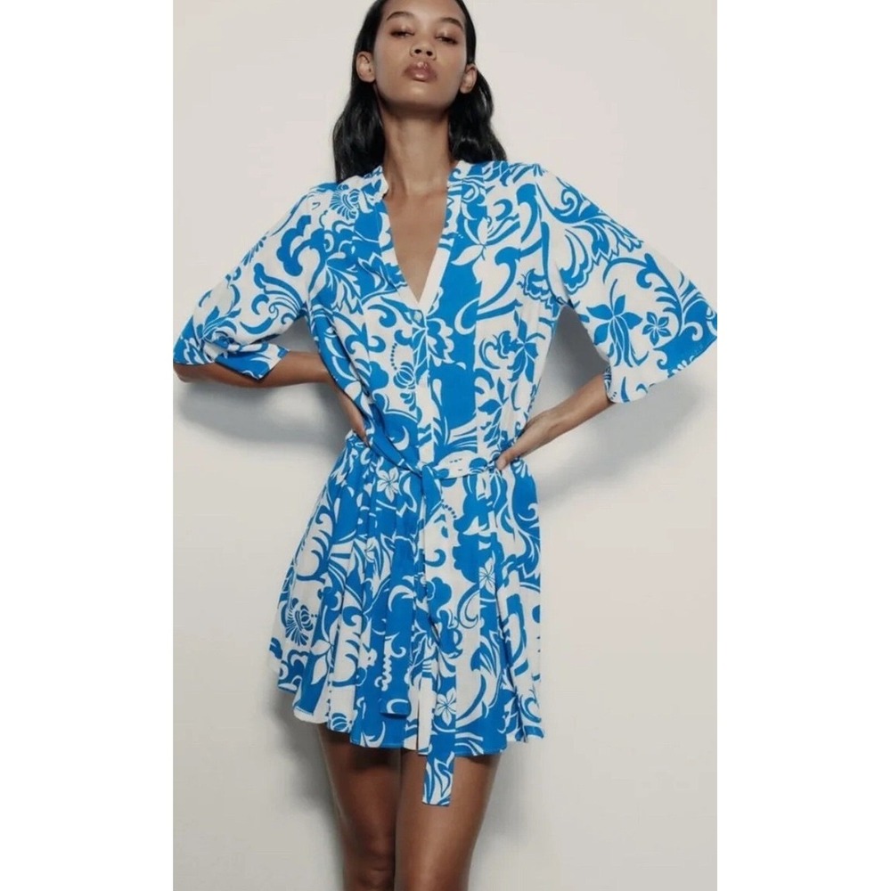 Zara Blue White Floral Print Linen Blend Mini Shirt Dress Belted Resort Vacation